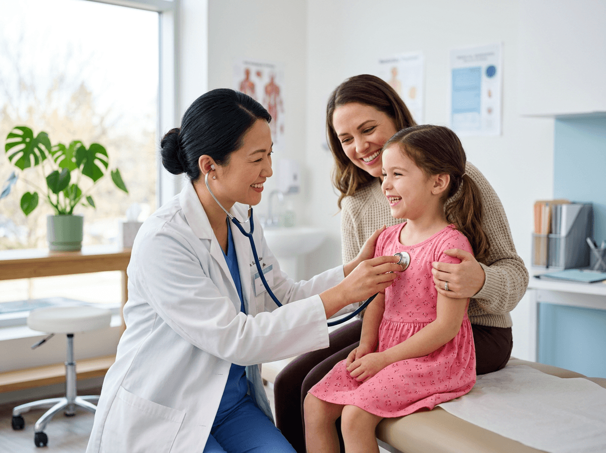 A smiling Nova Care doctor examining a young girl while her mother looks on